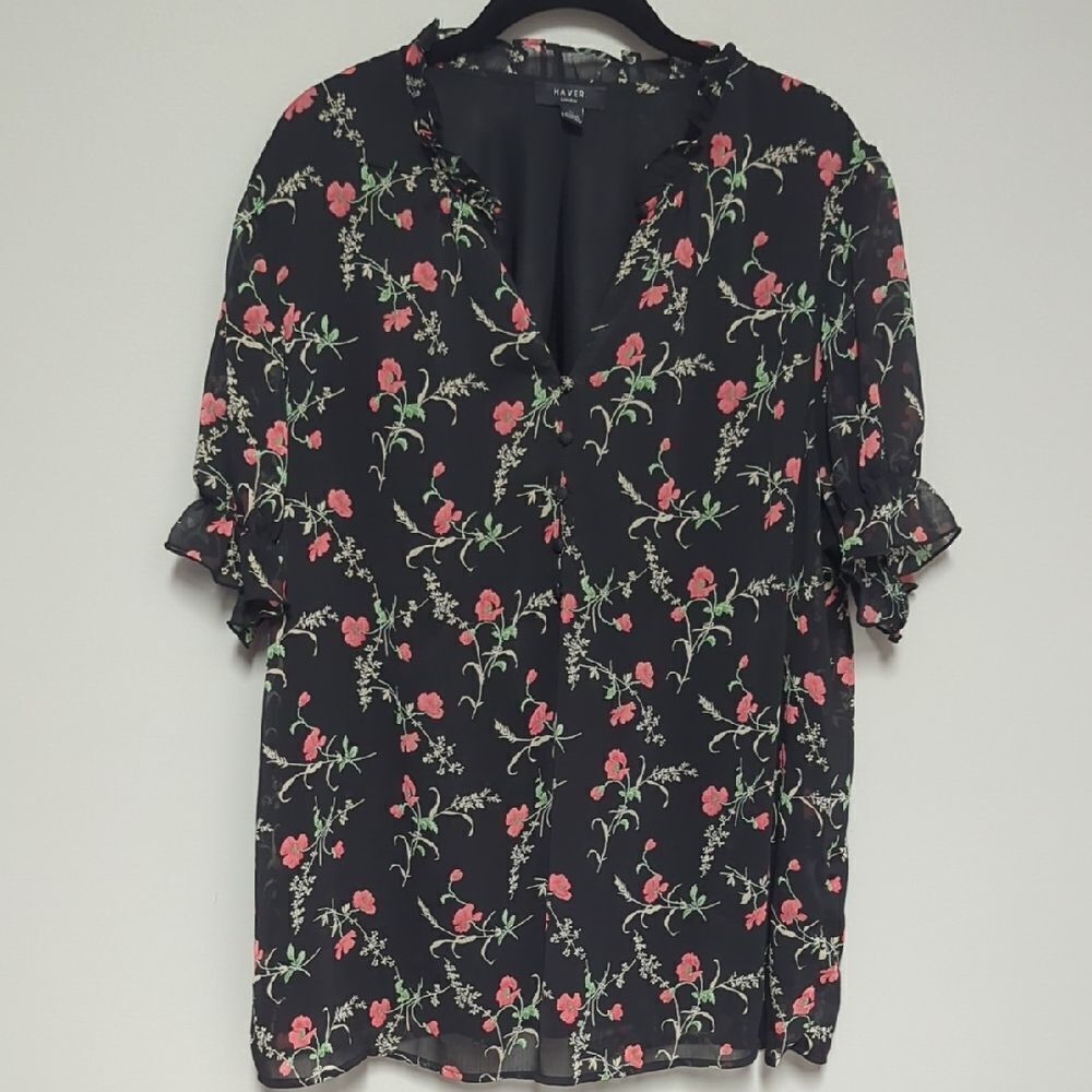 Haver Black and Pink Relaxed Ruffled Blouse